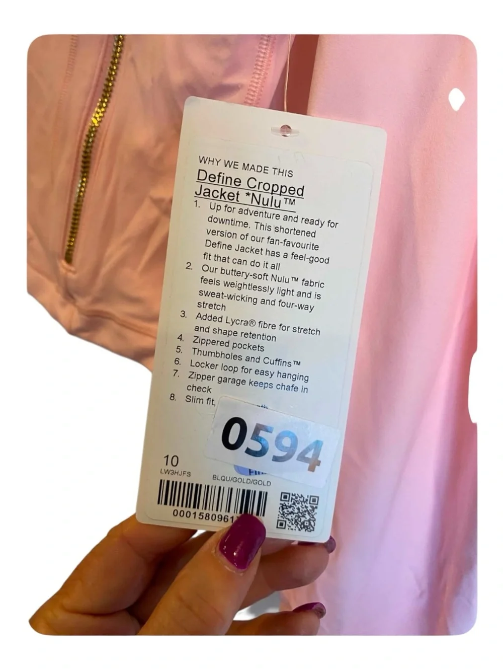 NWT Lululemon Define Cropped Jacket Nulu BLUSHED QUARTZ/GOLD Size: 10